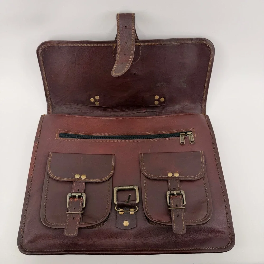 HLC Cuero Handmade Original Leather Messenger Bag Dark Brown Satchel Laptop Case